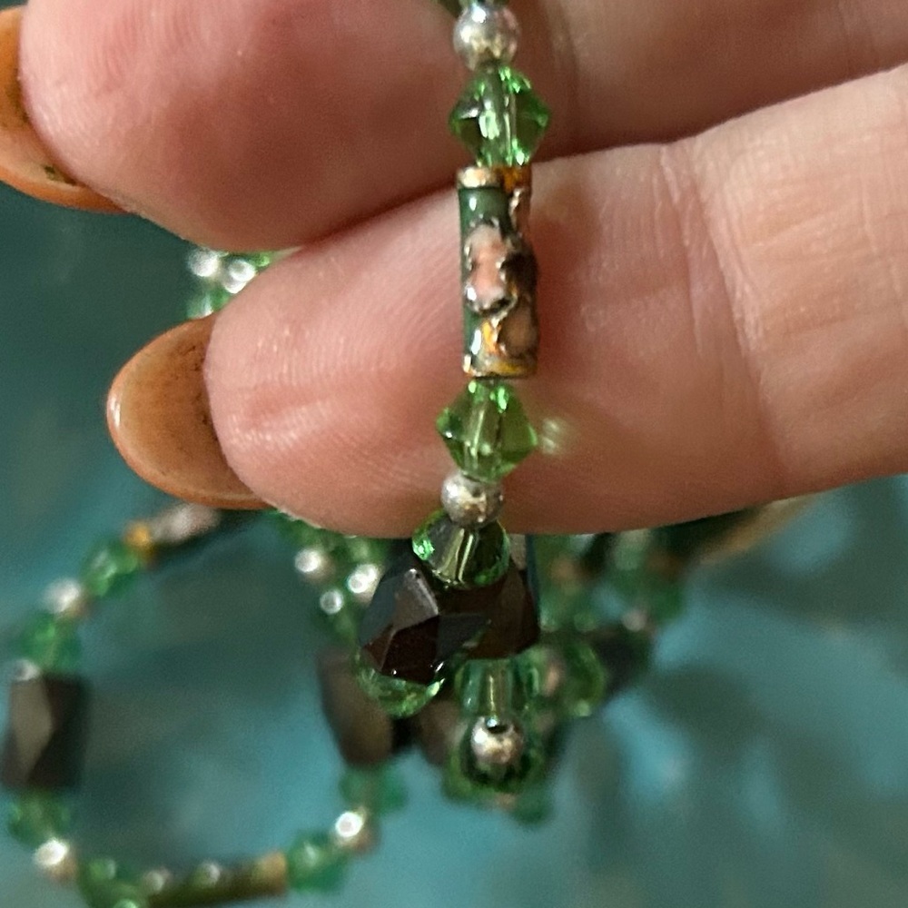 Vintage Green Crystal Hematite & Cloisonnรฉ Beaded Necklace